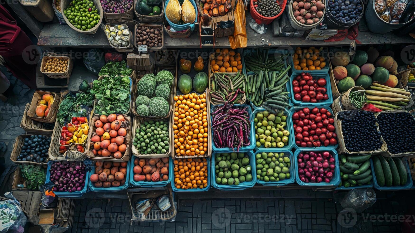 Colorful fruit and vegetable market. Stand with a variety of fresh produce for sale photo