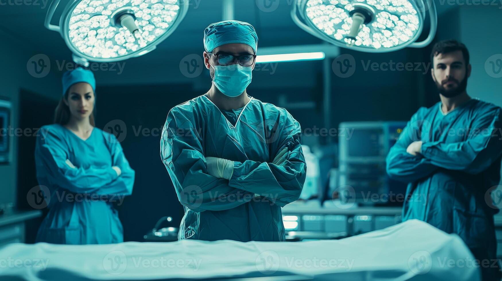 Medical professionals in healthcare setting. Diverse group of doctors in scrubs photo