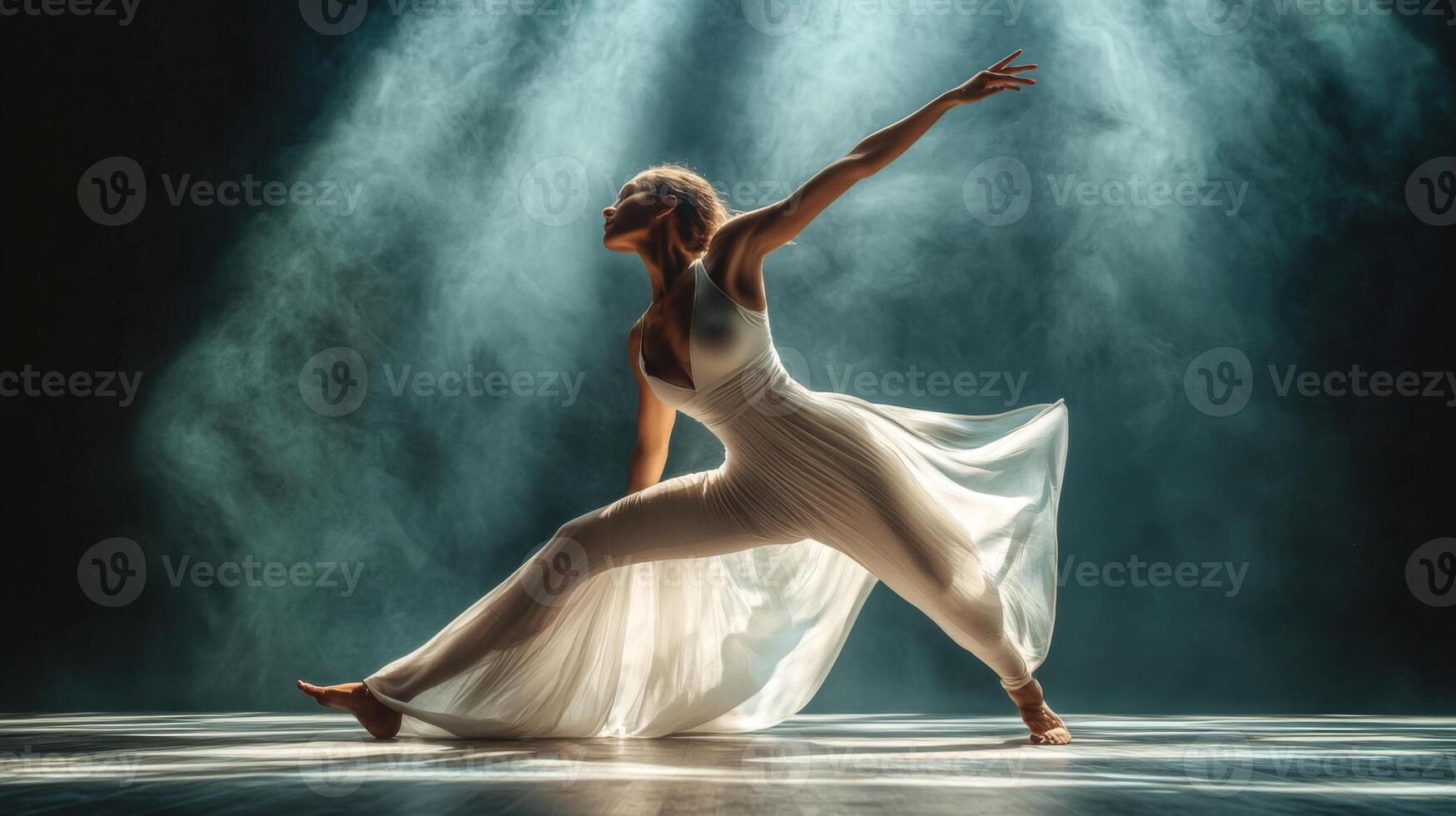 Dynamic dance performance in theater. Artistic performance in theater ambiance. Modern dance photo