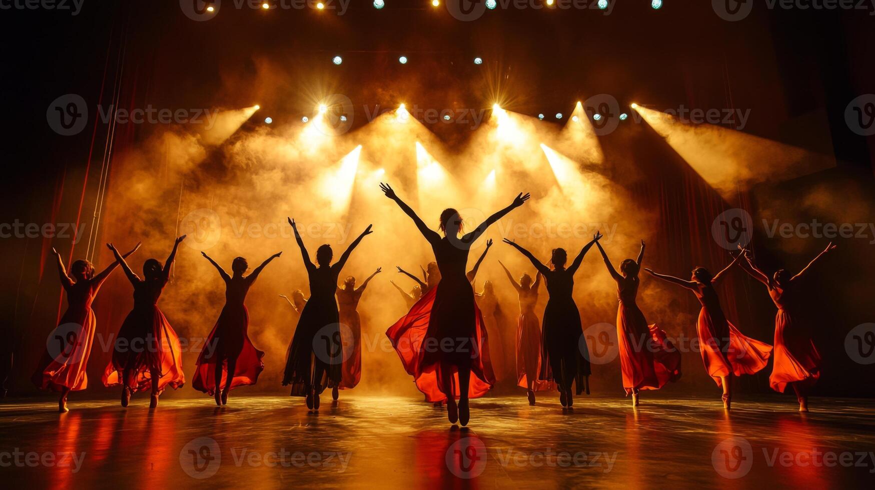 Dynamic dance performance in theater. Artistic performance in theater ambiance. Modern dance photo