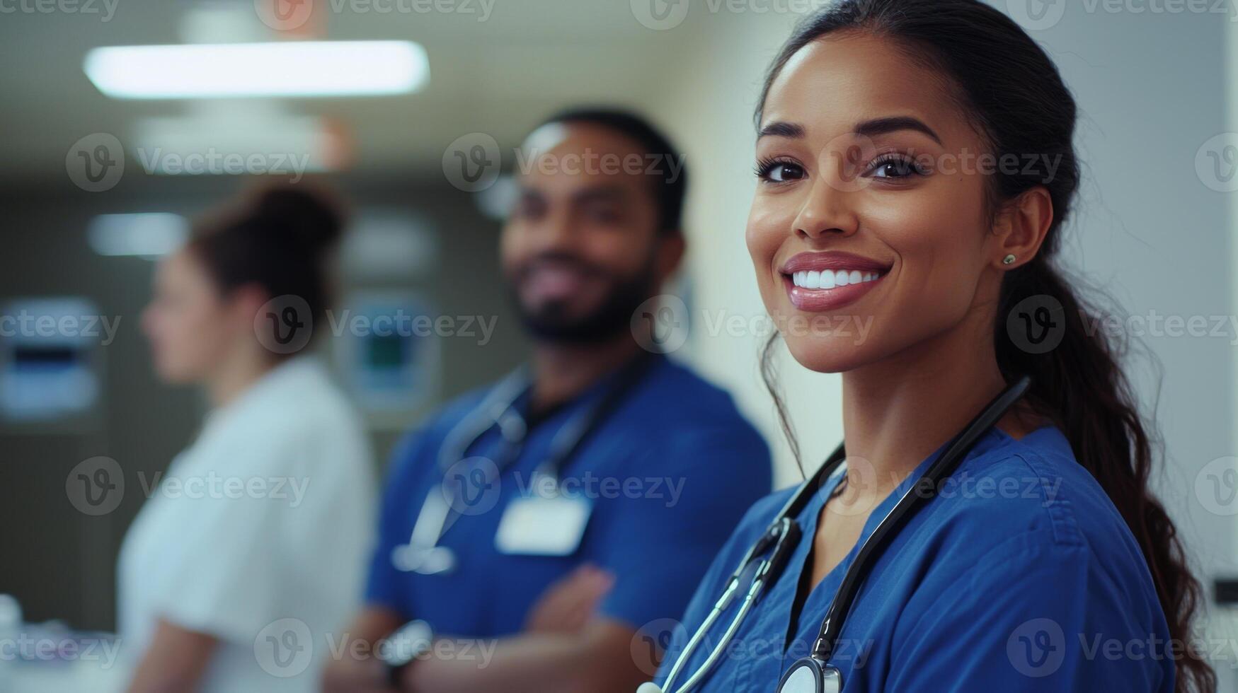 Medical professionals in healthcare setting. Diverse group of doctors in scrubs photo