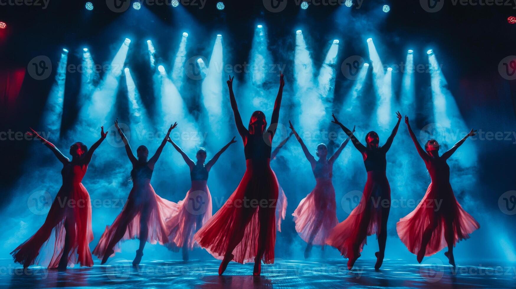 Dynamic dance performance in theater. Artistic performance in theater ambiance. Modern dance photo