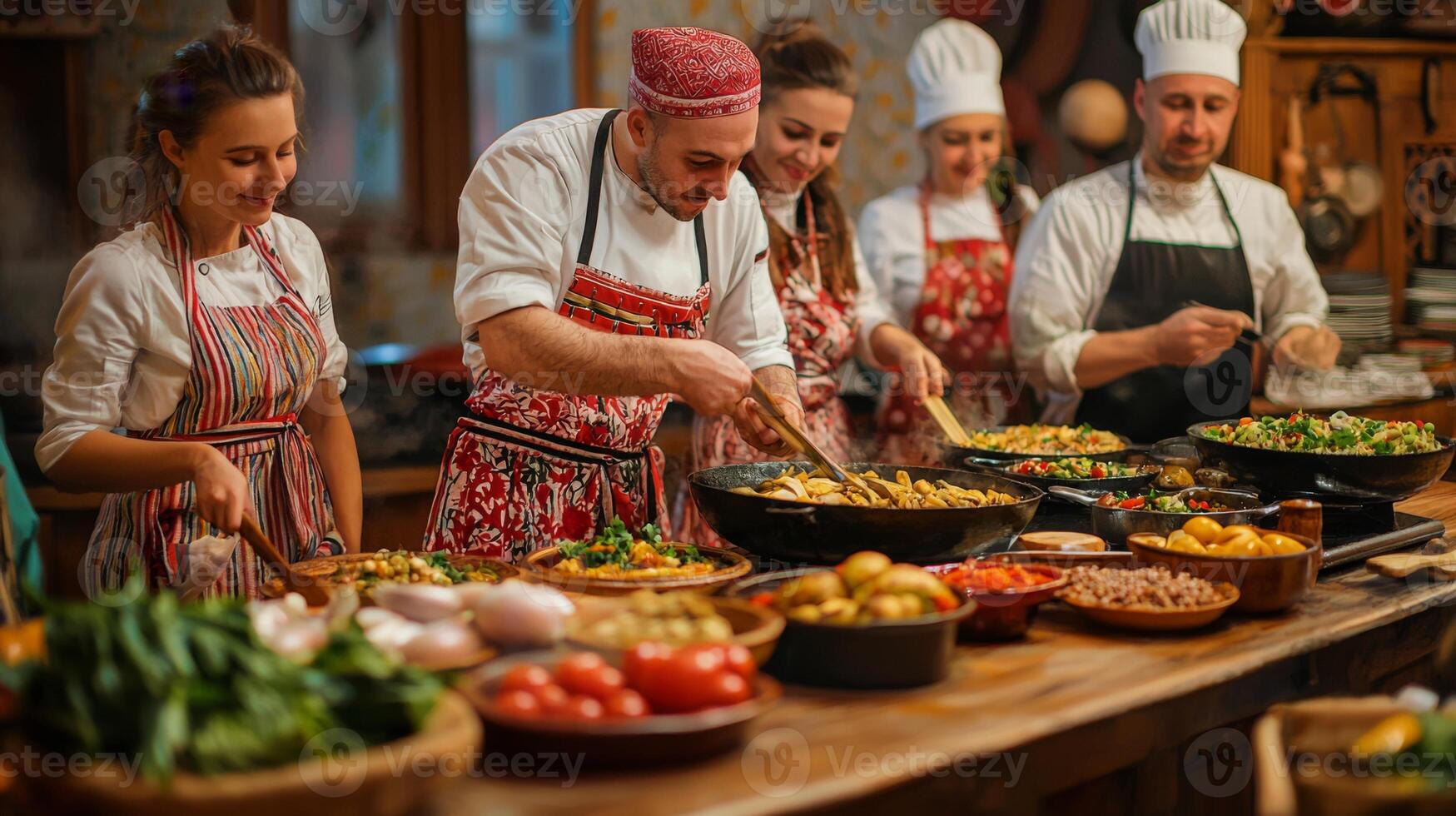 Cultural cooking class showcasing traditional cuisine. Culinary Cooking Class Diverse Dishes photo
