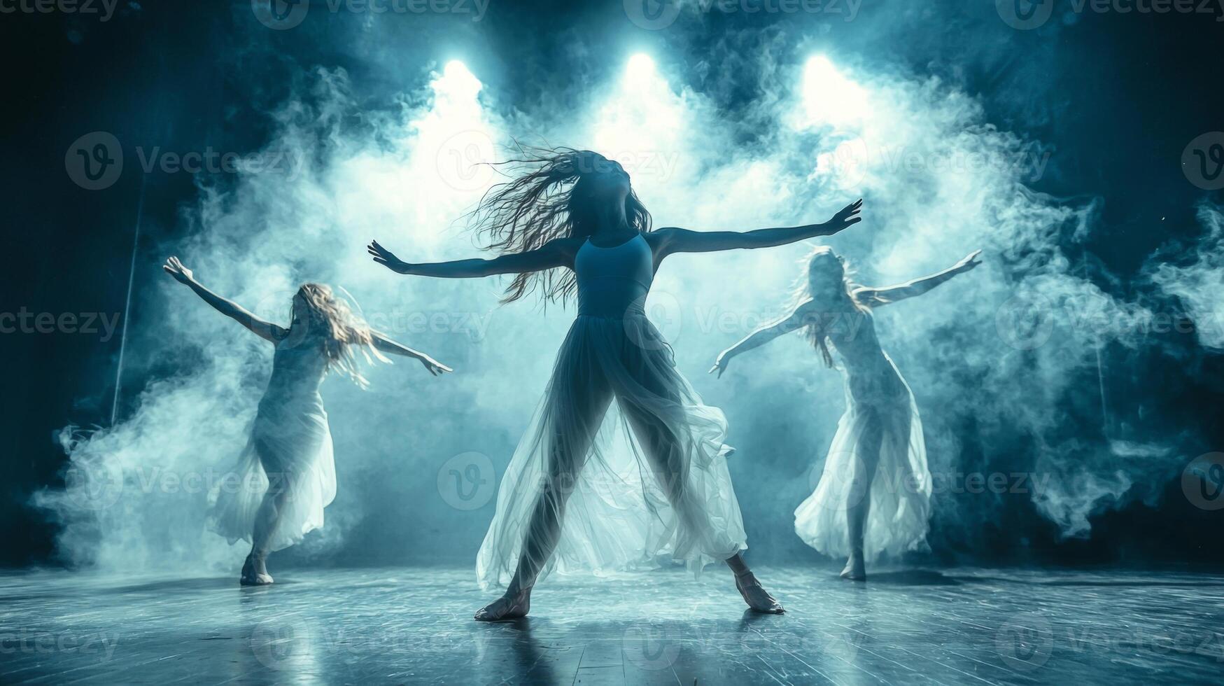 Dynamic dance performance in theater. Artistic performance in theater ambiance. Modern dance photo