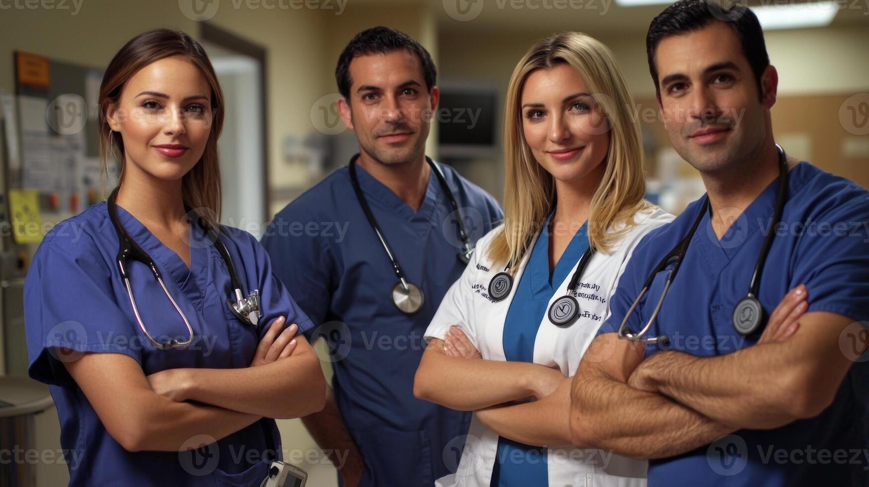 Medical professionals in healthcare setting. Diverse group of doctors in scrubs photo
