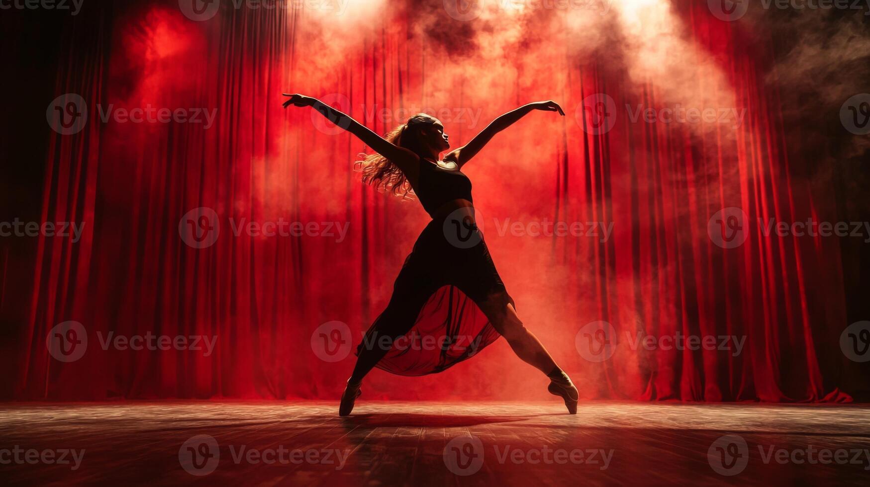 Dynamic dance performance in theater. Artistic performance in theater ambiance. Modern dance photo