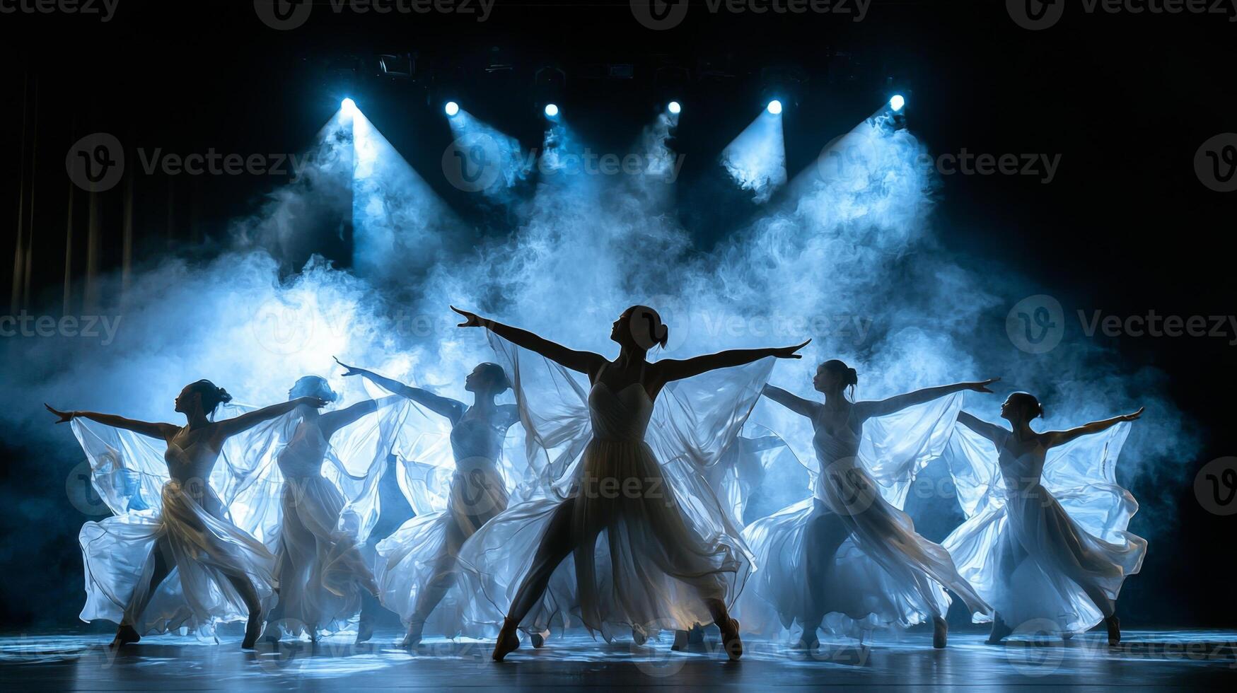 Dynamic dance performance in theater. Artistic performance in theater ambiance. Modern dance photo