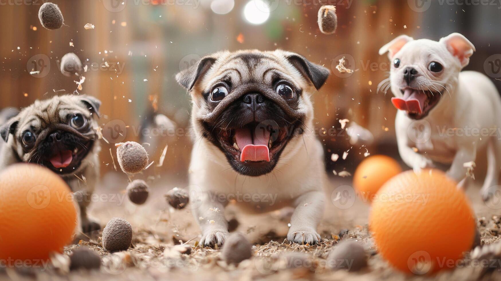 Playful pets dogs puppy engaging in funny activities playing with toys photo