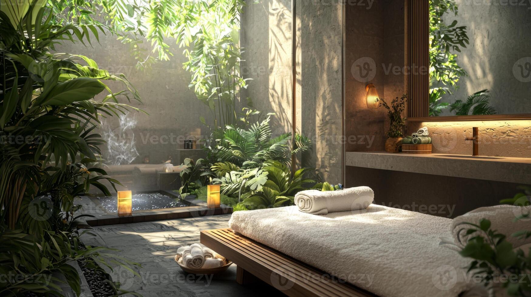 Luxury Spa Massage Room Interior. Relaxing spa environments promoting wellness photo