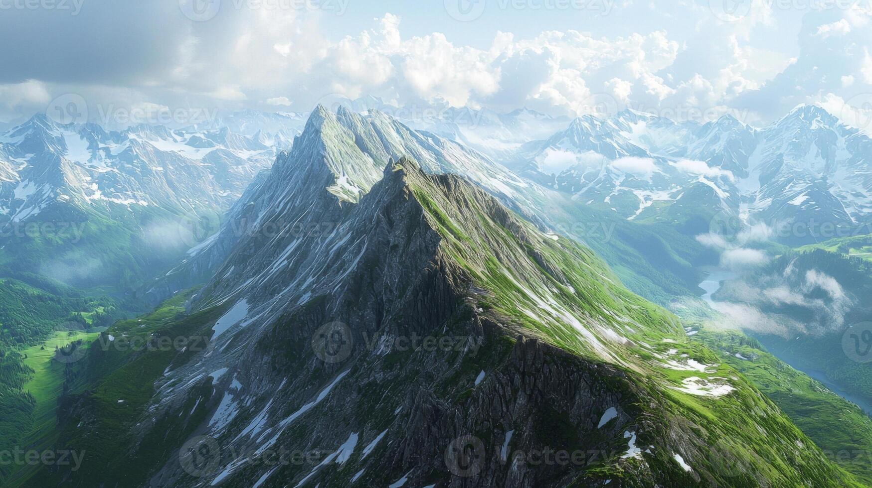 A panoramic view from the highest peak. Scenic views on mountain peaks photo