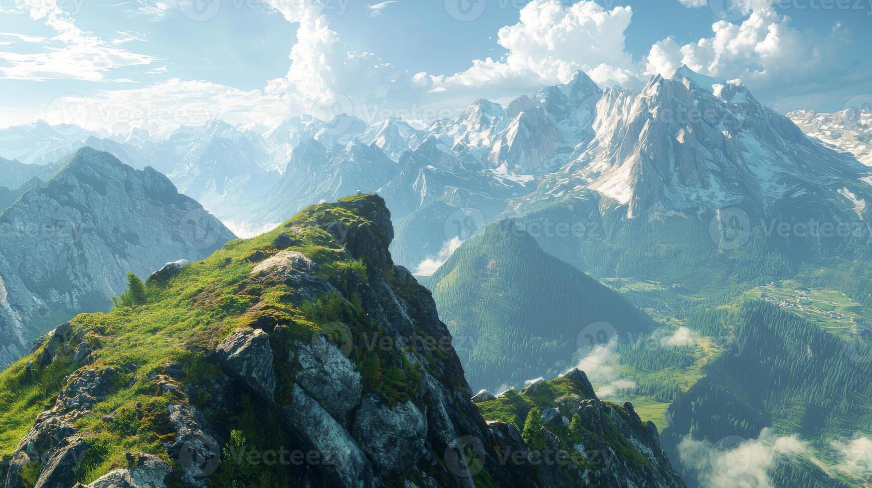 A panoramic view from the highest peak. Scenic views on mountain peaks photo