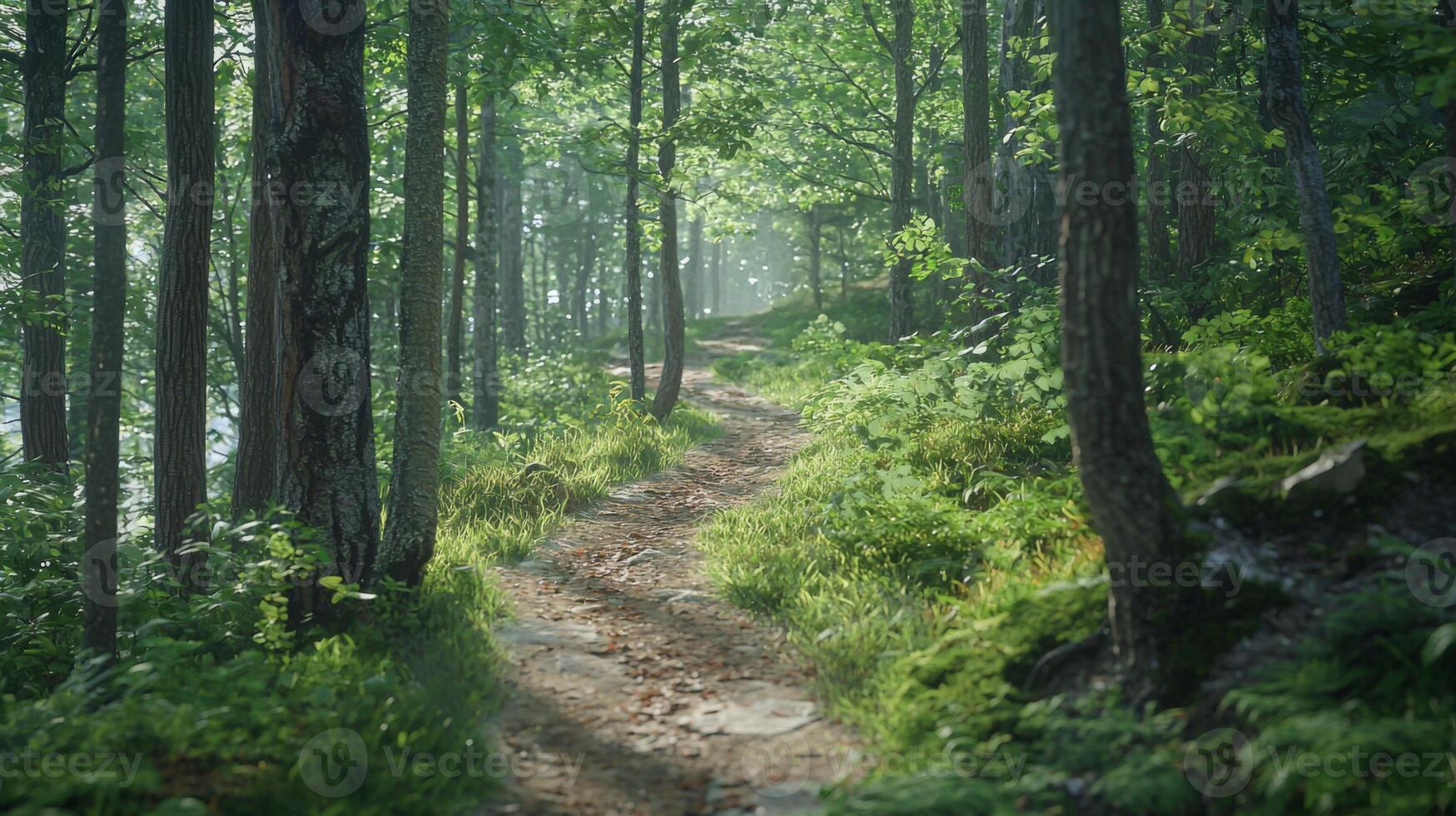 Nature trail and hiking path in forest. Forest scene with hiking path, straight trail through forest photo