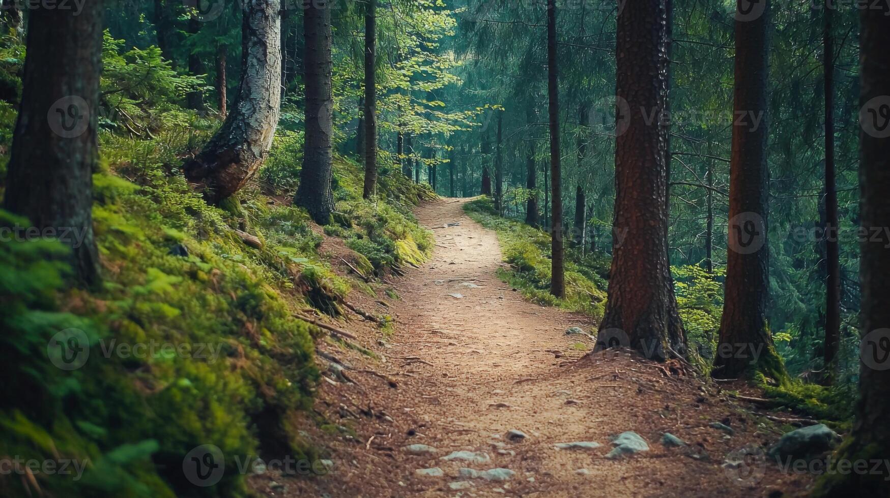 Nature trail and hiking path in forest. Forest scene with hiking path, straight trail through forest photo
