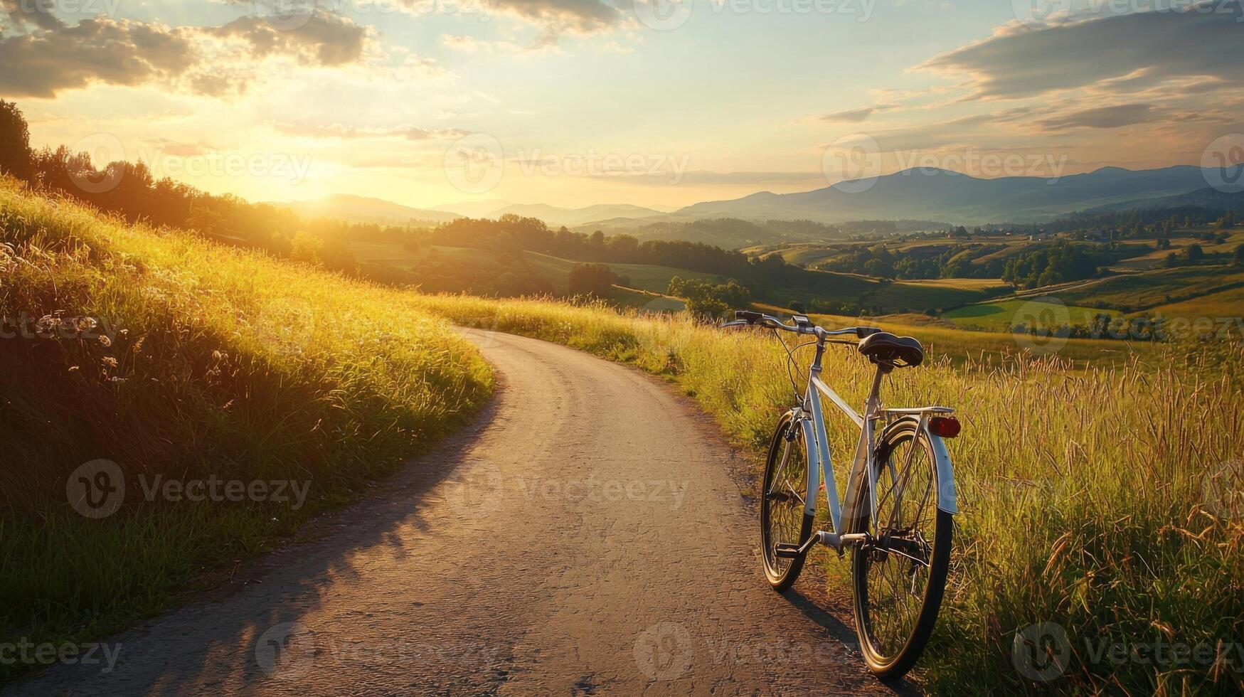 Cyclist riding through scenic countryside path. Scenic cycling route through countryside landscape photo