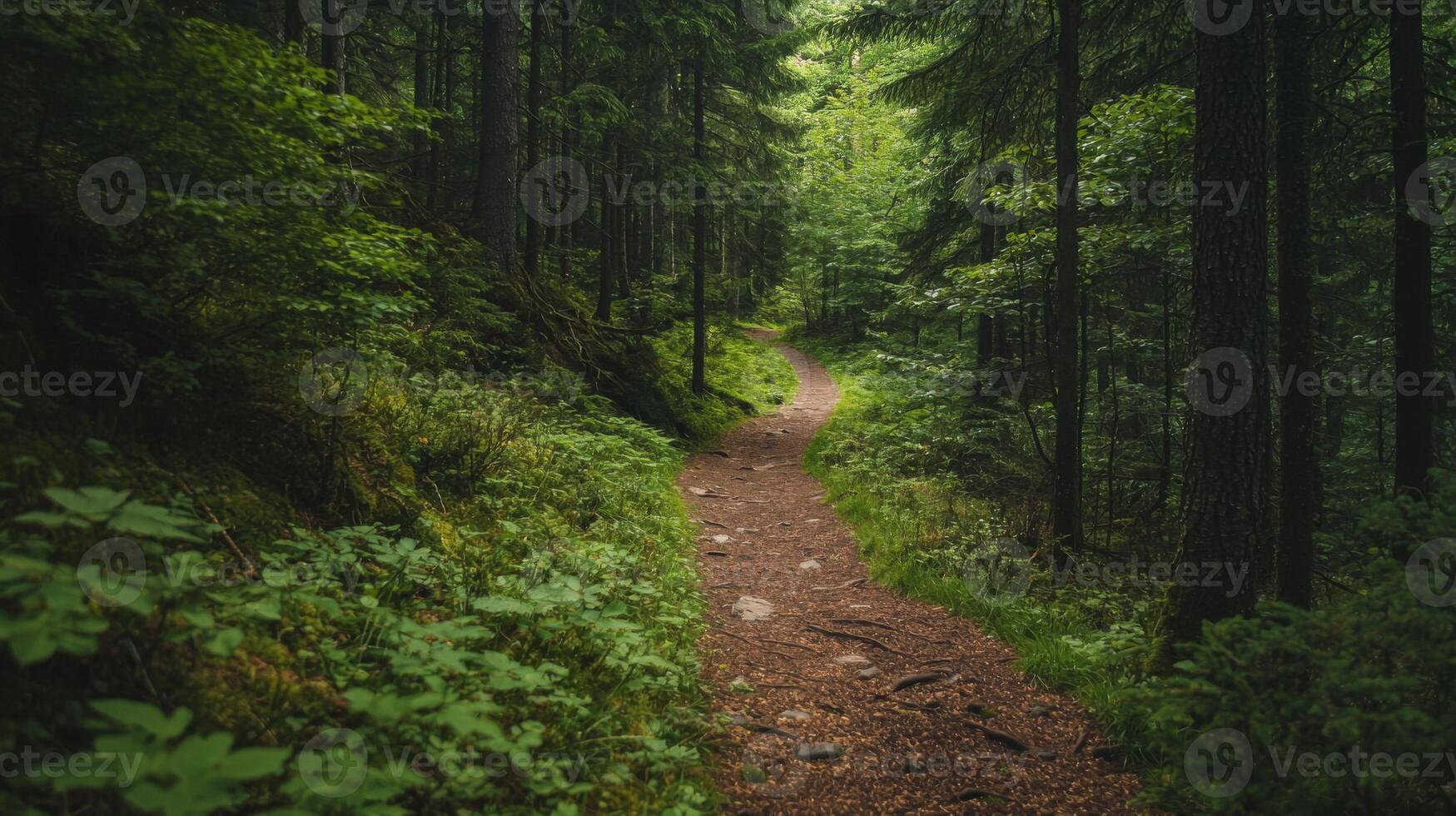 Nature trail and hiking path in forest. Forest scene with hiking path, straight trail through forest photo