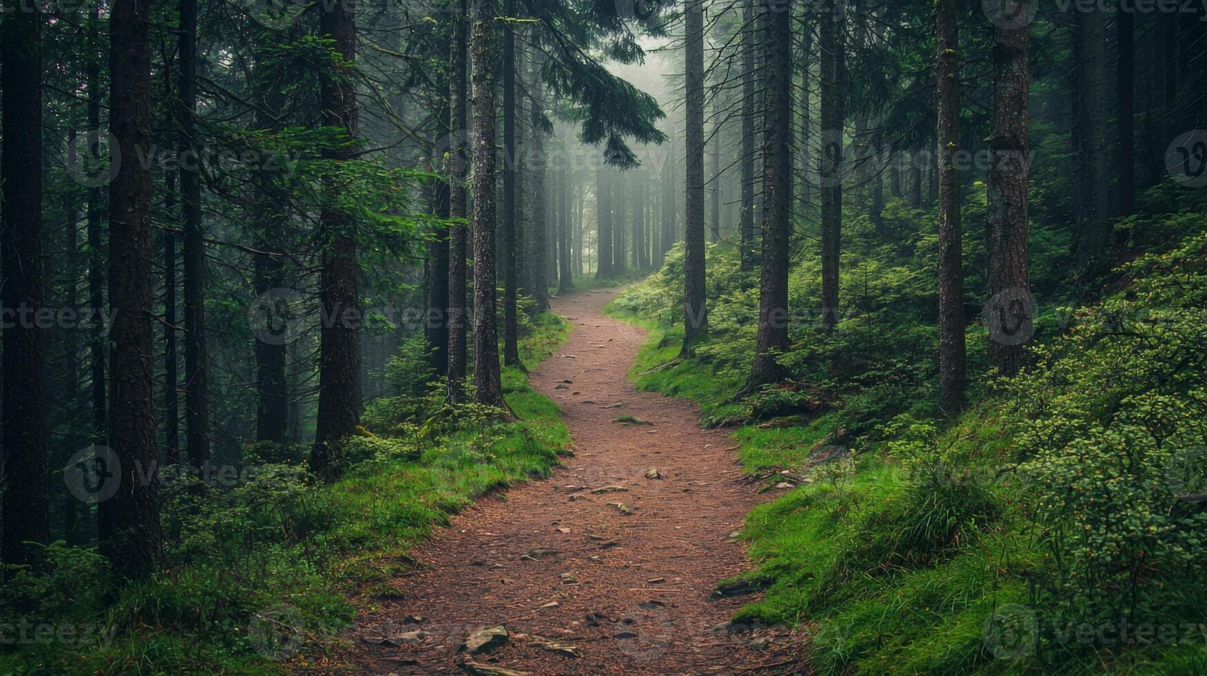 Nature trail and hiking path in forest. Forest scene with hiking path, straight trail through forest photo