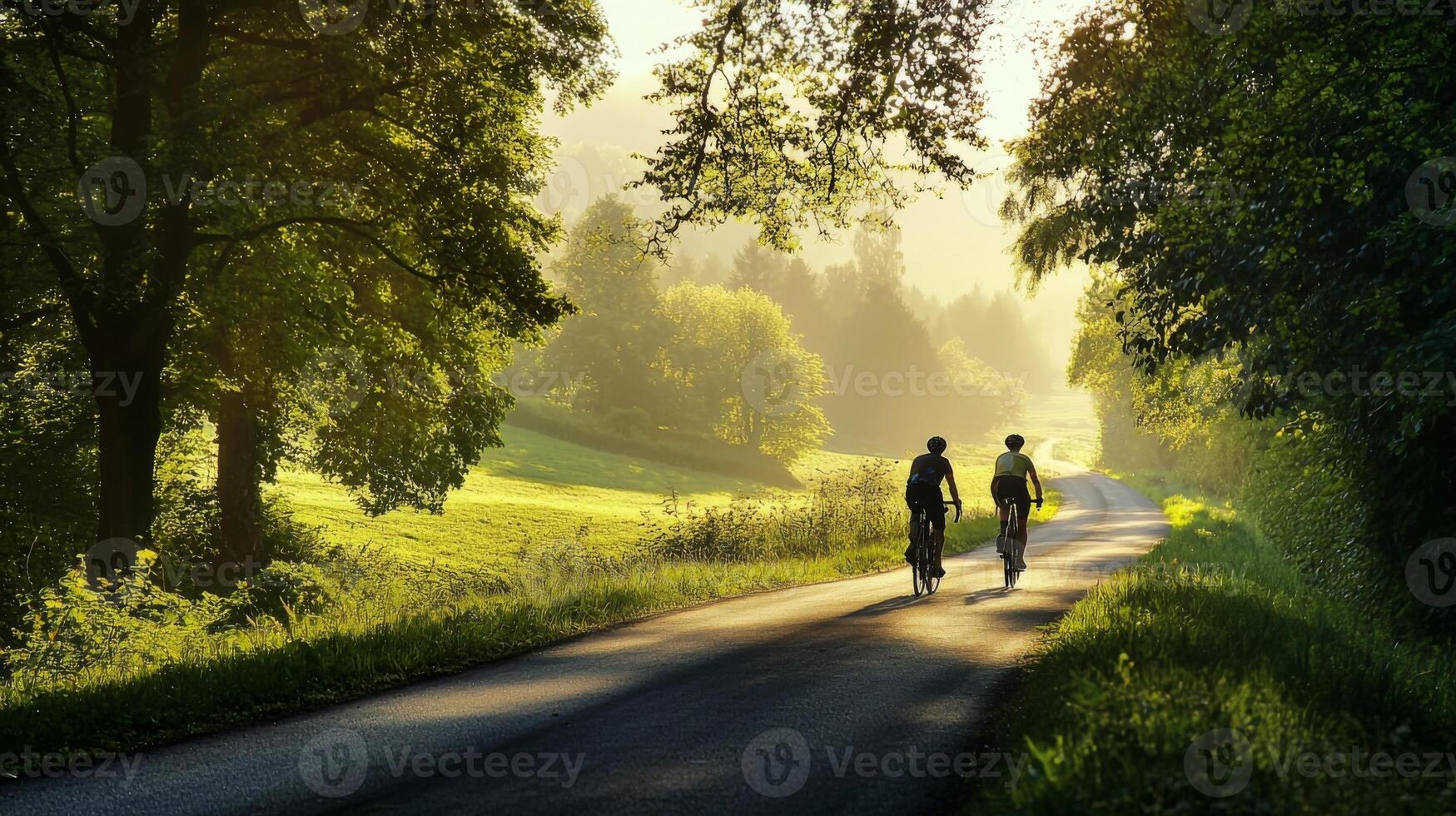 Cyclist riding through scenic countryside path. Scenic cycling route through countryside landscape photo