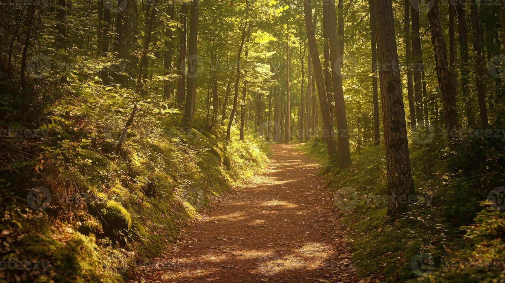 Nature trail and hiking path in forest. Forest scene with hiking path, straight trail through forest photo