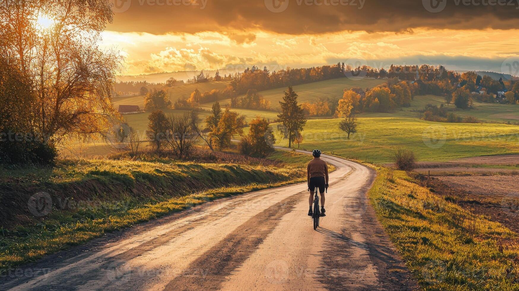 Cyclist riding through scenic countryside path. Scenic cycling route through countryside landscape photo