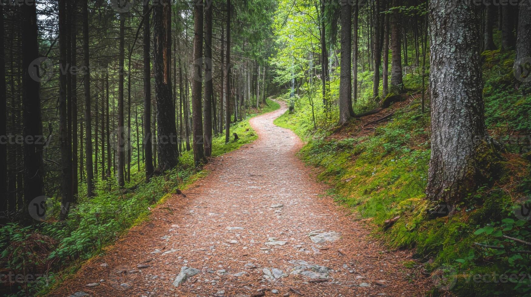 Nature trail and hiking path in forest. Forest scene with hiking path, straight trail through forest photo