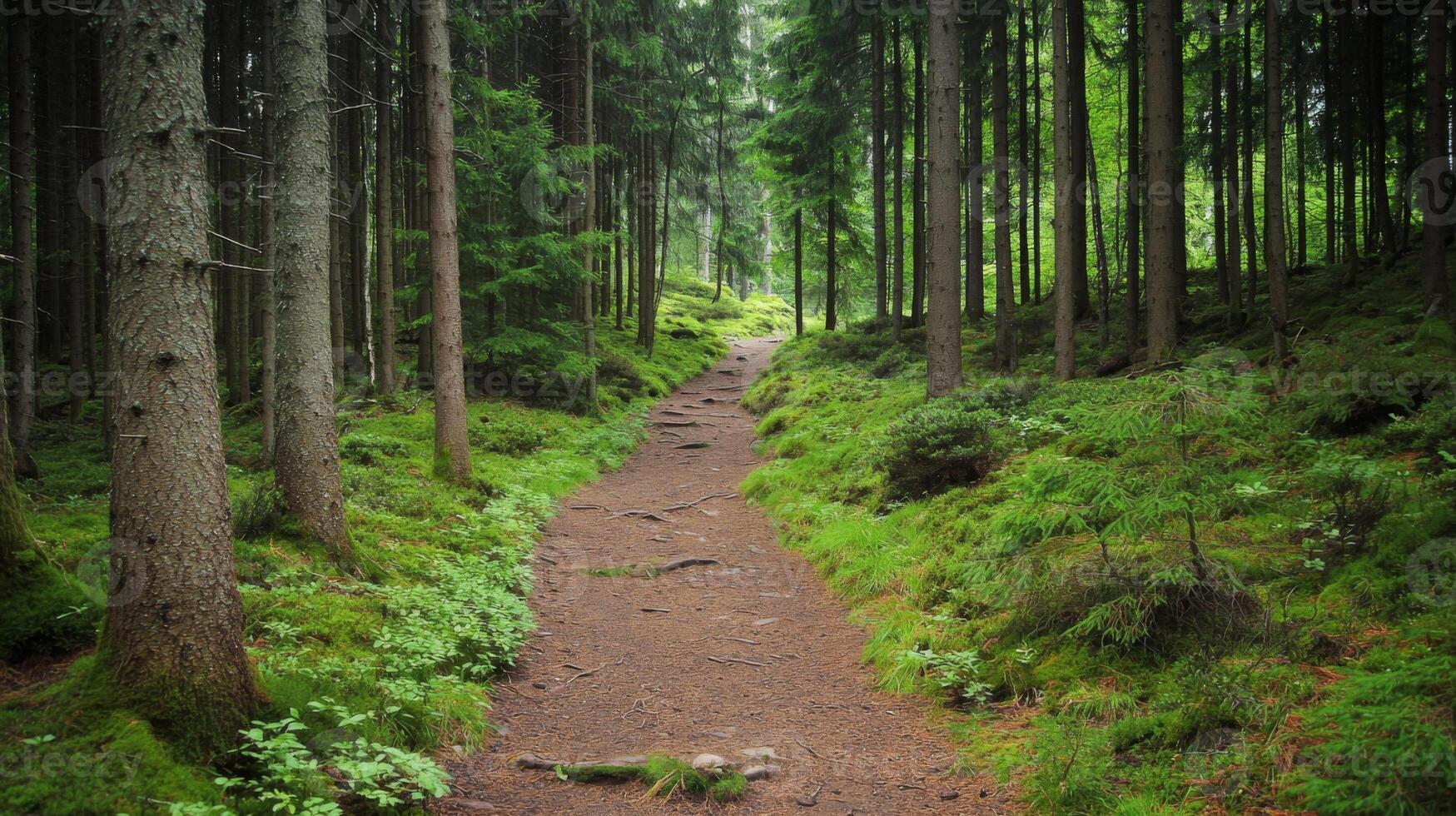 Nature trail and hiking path in forest. Forest scene with hiking path, straight trail through forest photo