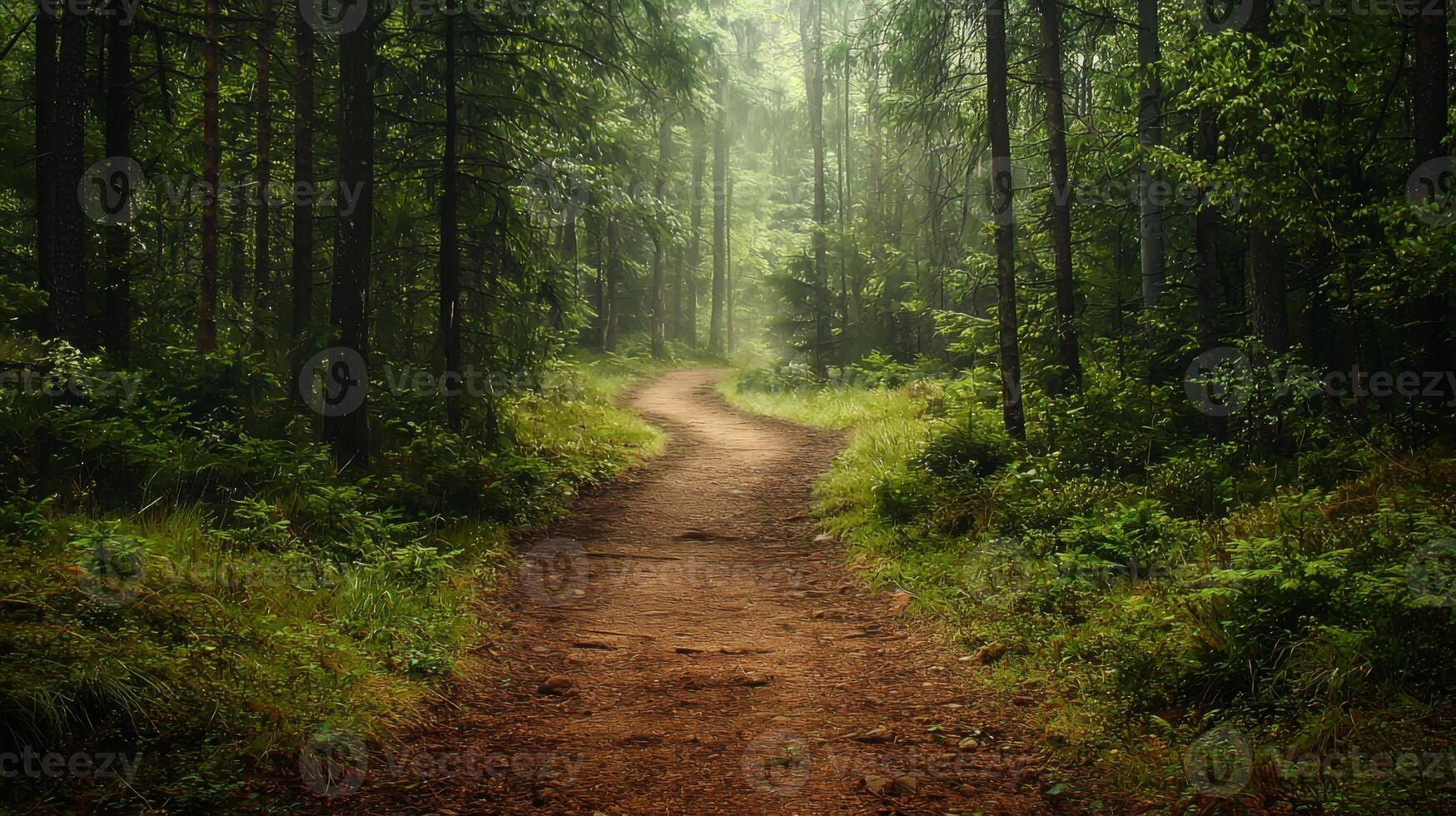 Nature trail and hiking path in forest. Forest scene with hiking path, straight trail through forest photo