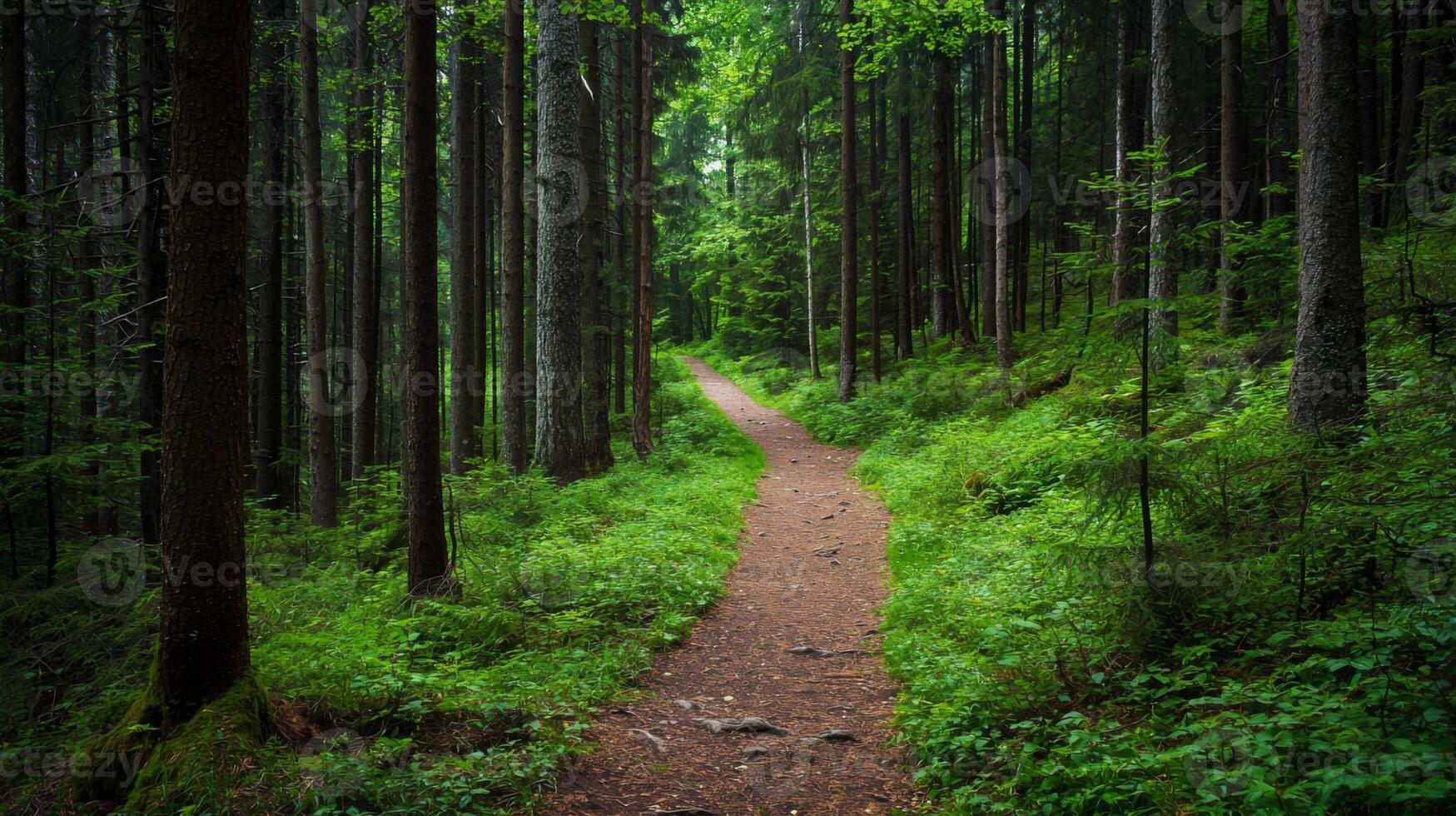 Nature trail and hiking path in forest. Forest scene with hiking path, straight trail through forest photo