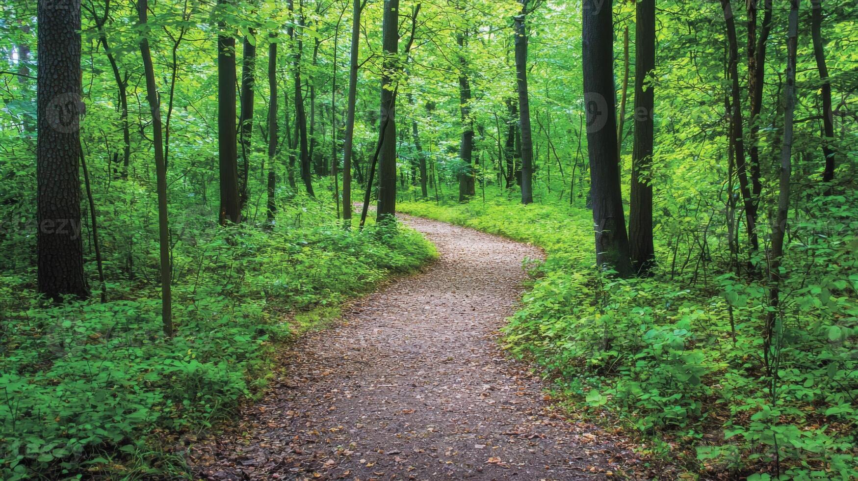 Nature trail and hiking path in forest. Forest scene with hiking path, straight trail through forest photo