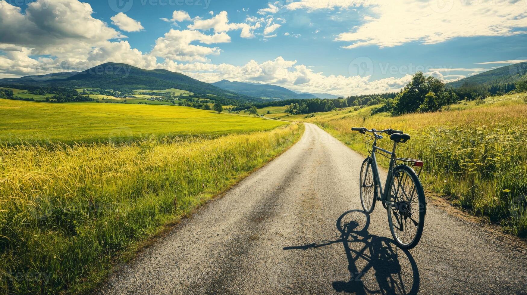 Cyclist riding through scenic countryside path. Scenic cycling route through countryside landscape photo
