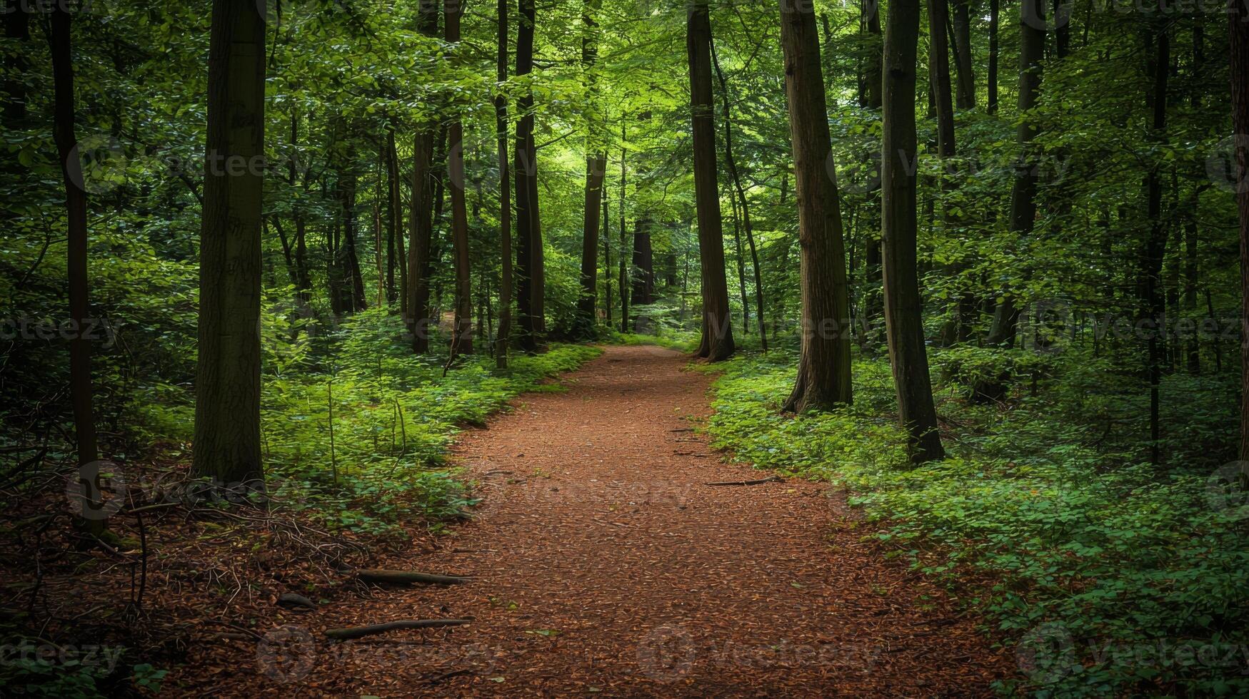 Nature trail and hiking path in forest. Forest scene with hiking path, straight trail through forest photo