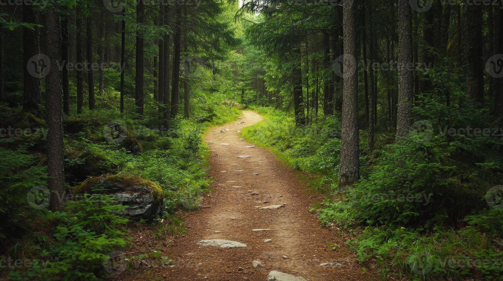 Nature trail and hiking path in forest. Forest scene with hiking path, straight trail through forest photo