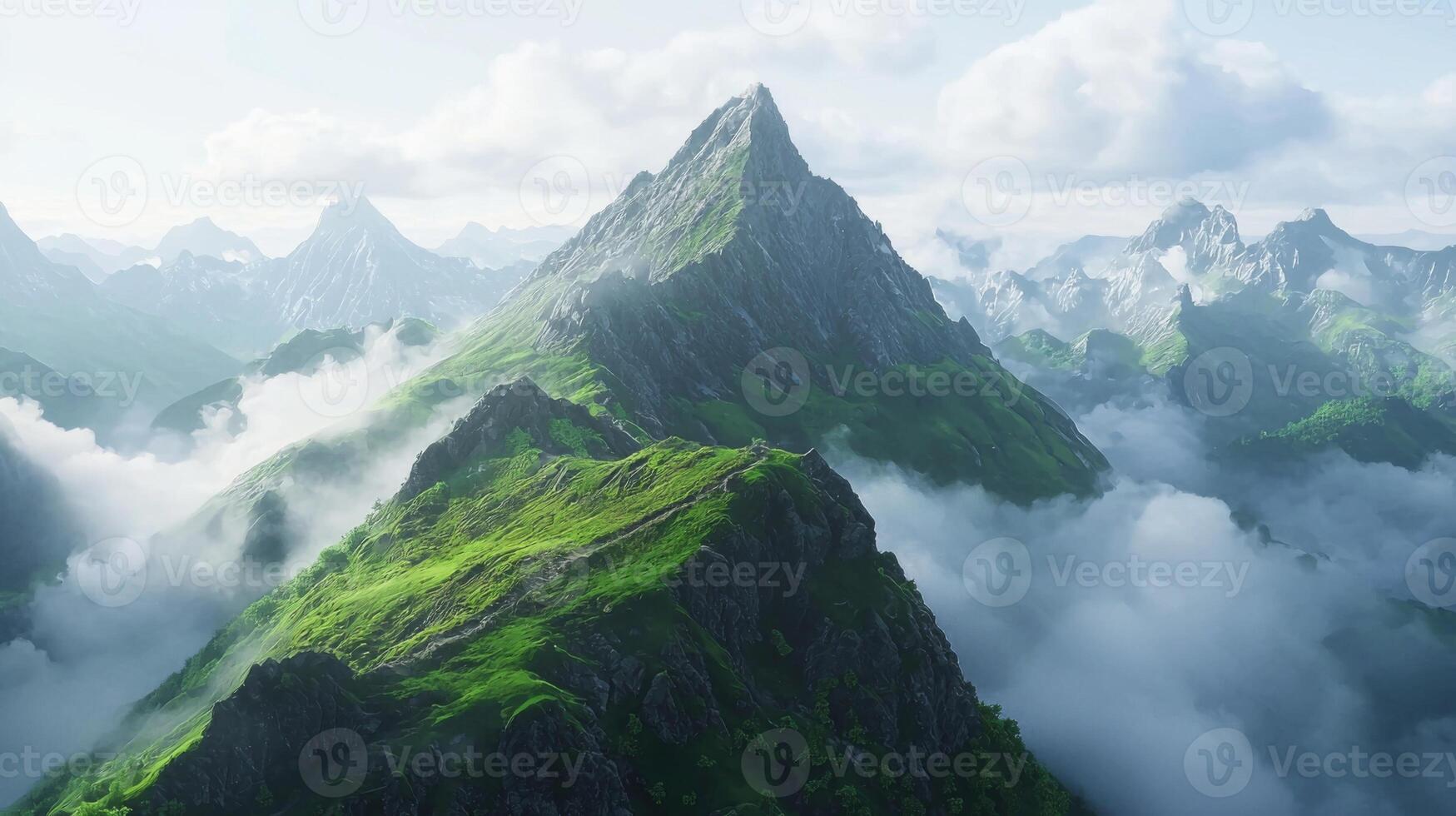 A panoramic view from the highest peak. Scenic views on mountain peaks photo
