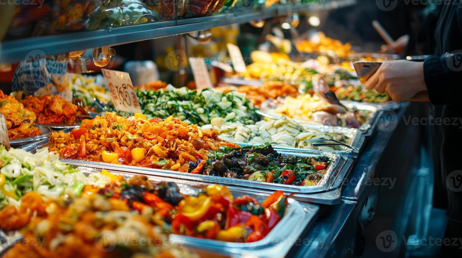 Vibrant street food markets with diverse offerings. Street food for tourists stalls offering diverse photo