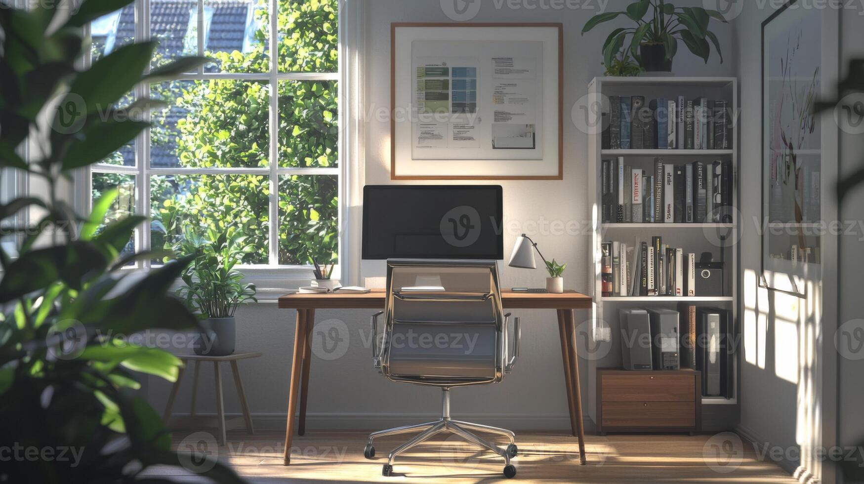 Stylish home office setup, offering a convenient and comfortable workspace for remote work photo
