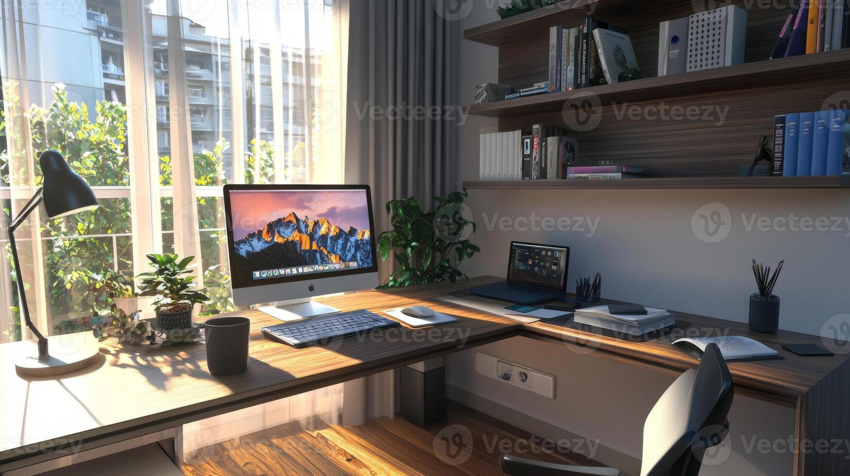 Stylish home office setup, offering a convenient and comfortable workspace for remote work photo