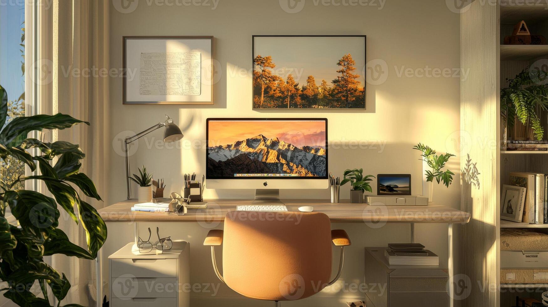 Stylish home office setup, offering a convenient and comfortable workspace for remote work photo