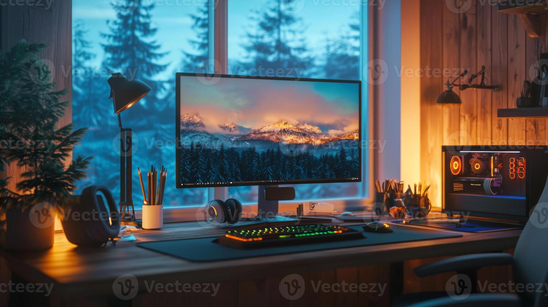 Stylish home office setup, offering a convenient and comfortable workspace for remote work photo