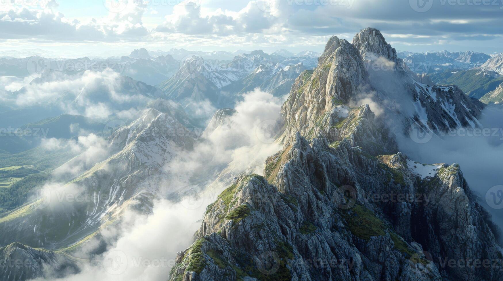 A panoramic view from the highest peak. Scenic views on mountain peaks photo