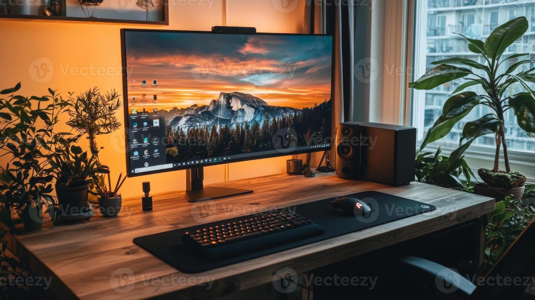 Stylish home office setup, offering a convenient and comfortable workspace for remote work photo