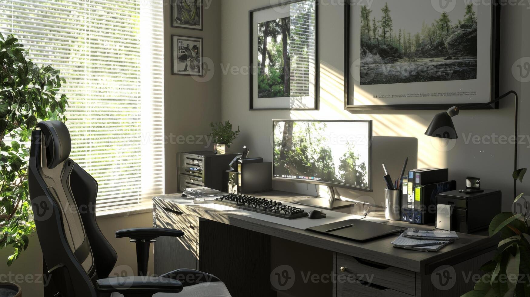 Stylish home office setup, offering a convenient and comfortable workspace for remote work photo