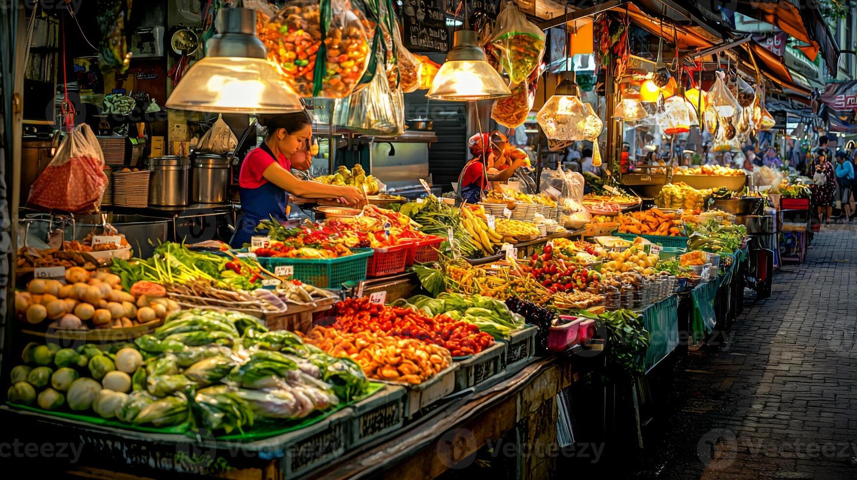 Vibrant street food markets with diverse offerings. Street food for tourists stalls offering diverse photo
