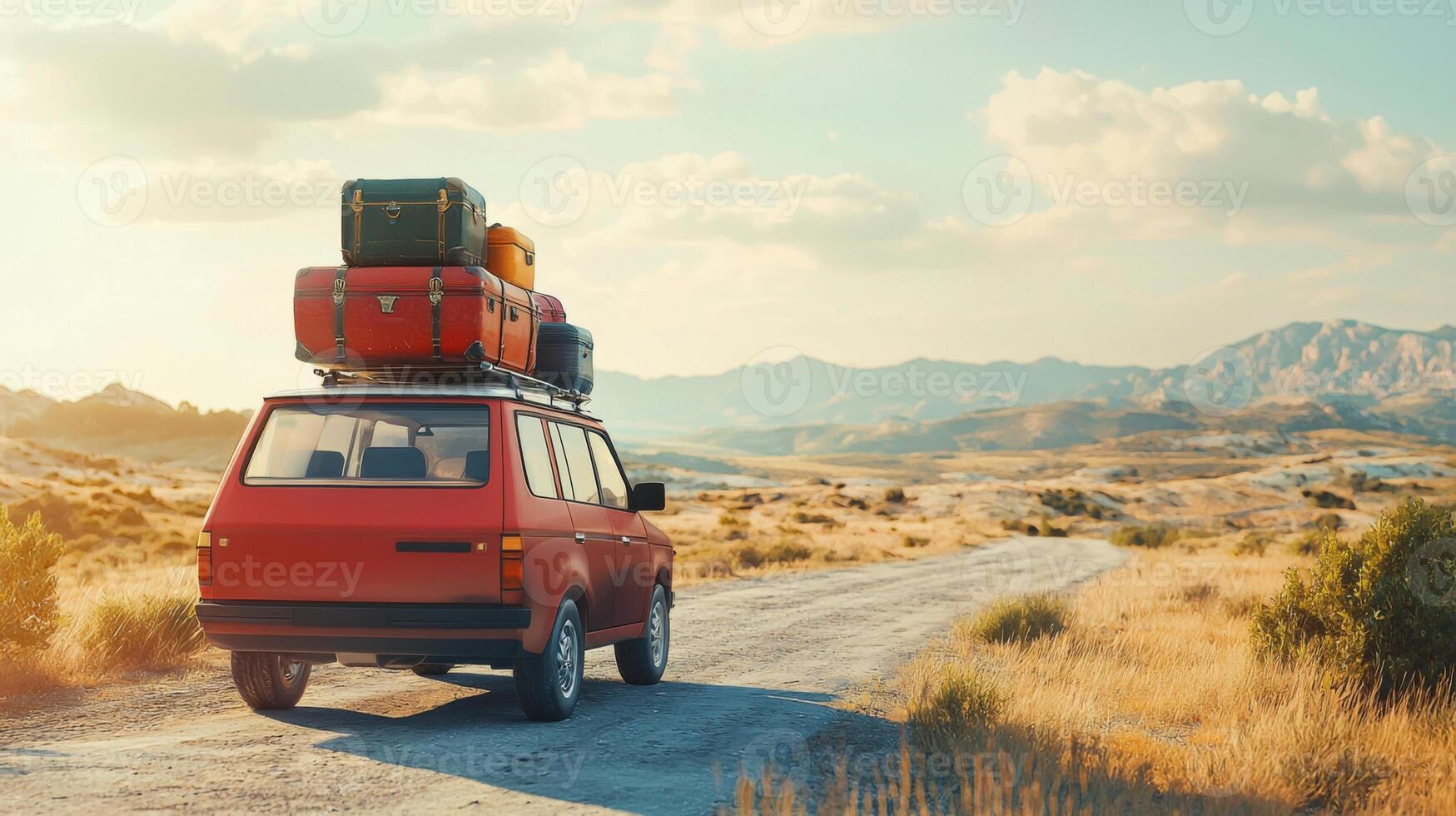 Red retro car with luggage on the roof. Family road trip with luggage on top of car photo