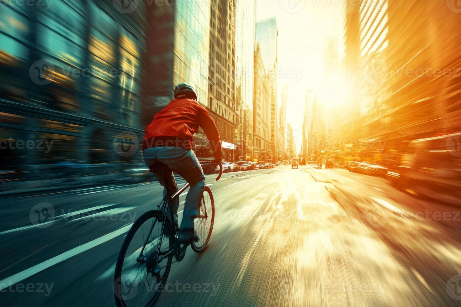 Bicyclist riding through vibrant city street. Urban cycling adventure through vibrant city streets photo