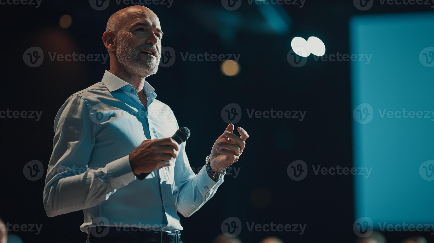 Business leader presenting at conference and seminar. A man confidently presenting to people photo