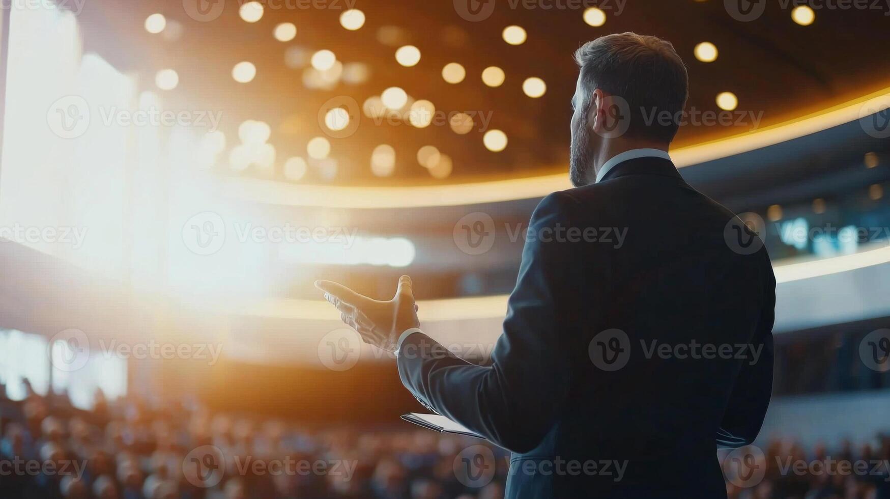 Business leader presenting at conference and seminar. A man confidently presenting to people photo
