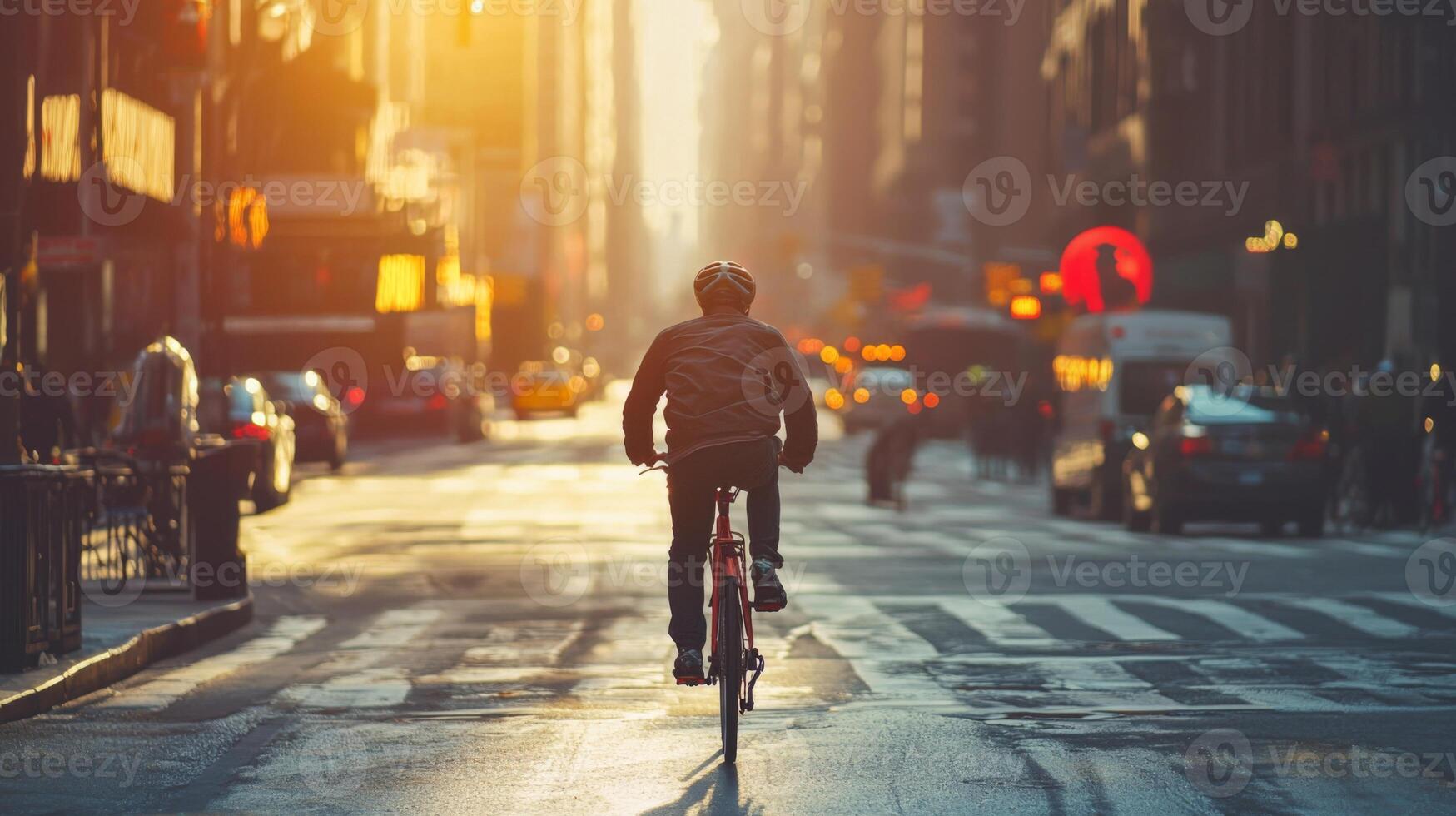 Bicyclist riding through vibrant city street. Urban cycling adventure through vibrant city streets photo