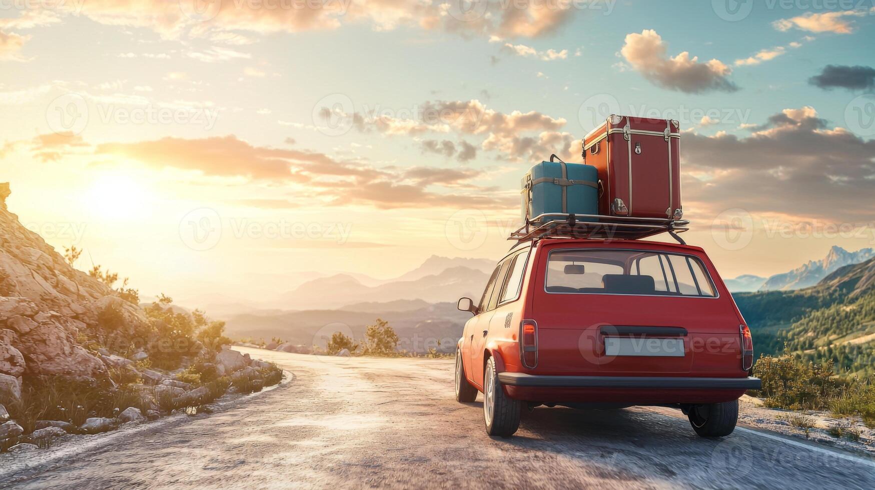 Red retro car with luggage on the roof. Family road trip with luggage on top of car photo
