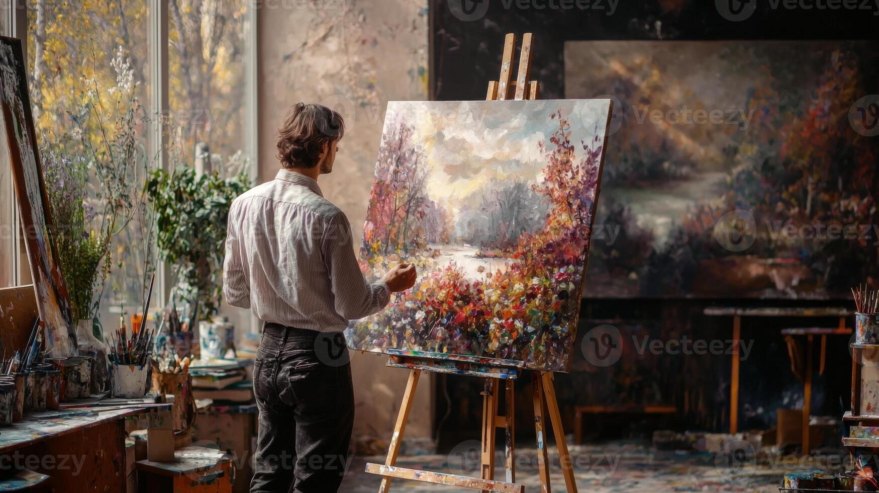Talented artist painting in studio, using paint brush creates modern masterpiece photo