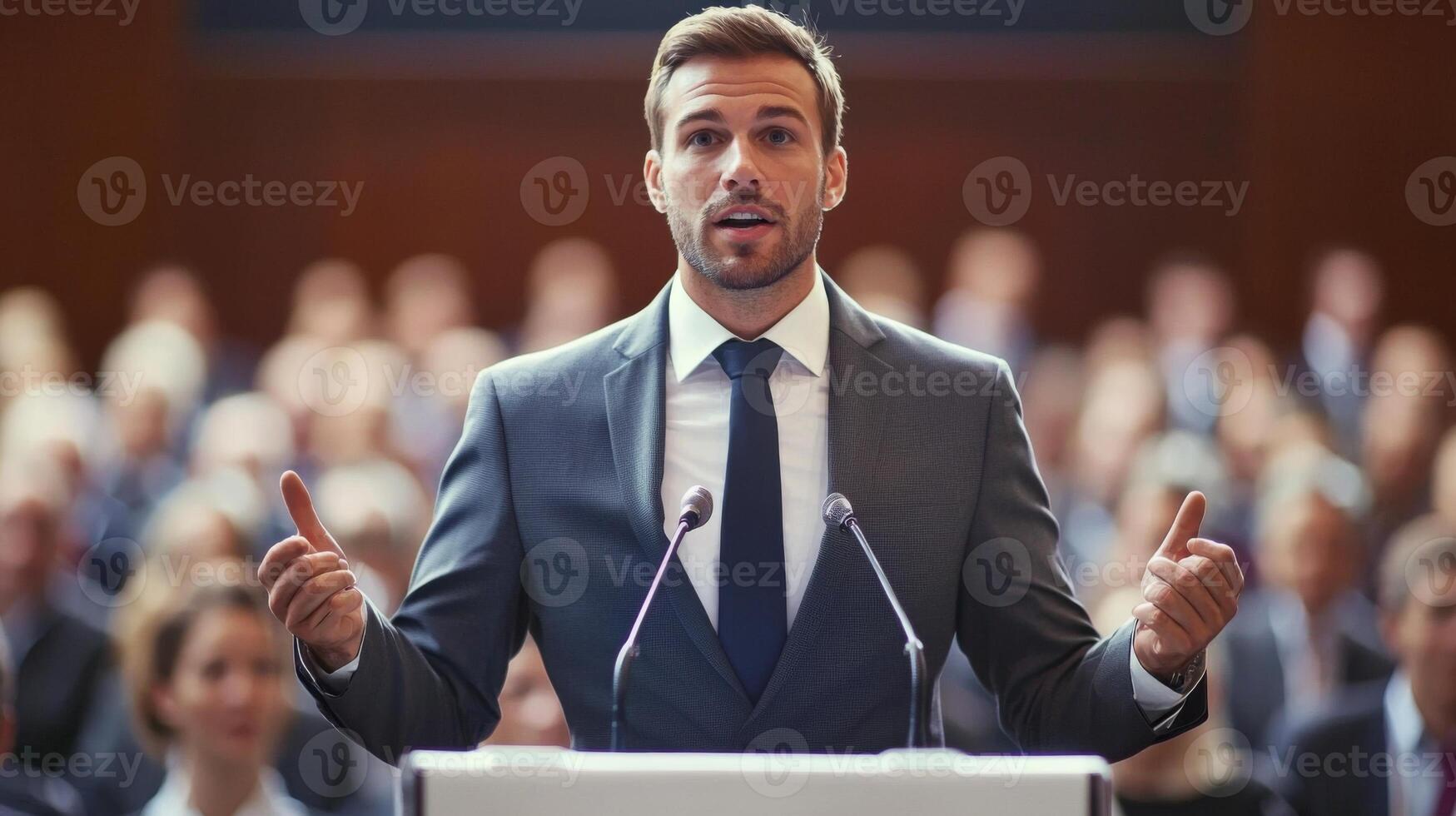 Business leader presenting at conference and seminar. A man confidently presenting to people photo