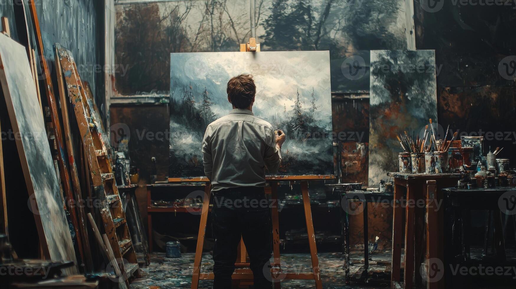 Talented artist painting in studio, using paint brush creates modern masterpiece photo